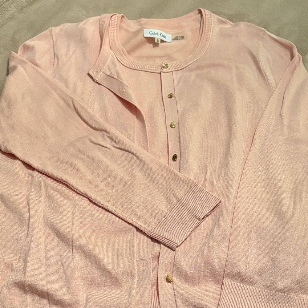 Calvin Klein Soft Pink Button-Up Sweater and Sleeveless Shell Set